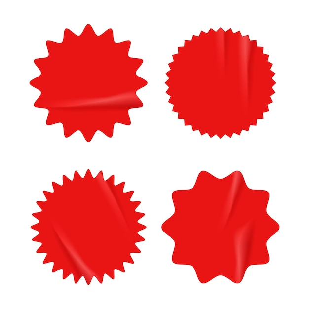 Vettore set di starburst rosso con texture retrò grunge accartocciato adesivi incollati in plastica per annunci promozionali sconti vendita prezzi illustrazione vettoriale isolato su sfondo trasparente