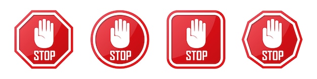 Set of red stop hand sign in different shapes