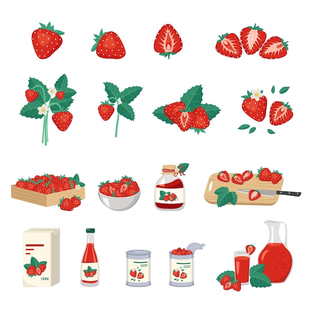 Set of red strawberries and product from it