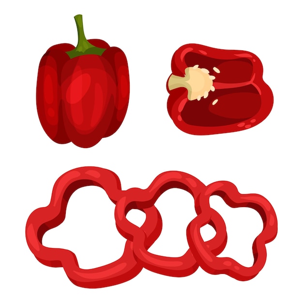 Vector set of red sweet pepper whole cut in half and cut into rings vector illustration on white background