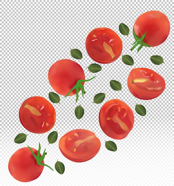 Set red of tomato with leaves on transparent background Tomato flying are whole and cut in half