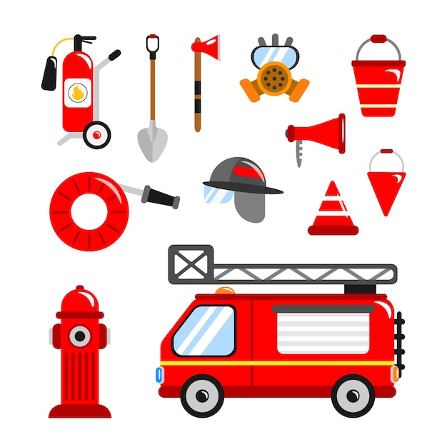 Vector set of red tools firemen in cartoon style vector illustration of fire engine fire extinguisher hydrant hose shovel ax helmet gas mask bucket loudspeaker and kunos on white background