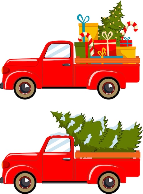 Vector set of the red truck with a christmas treeand christmas boxes. vector illustration.