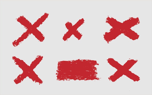 Set of red vector wax crayon cross check mark, vector hand painting brush texture