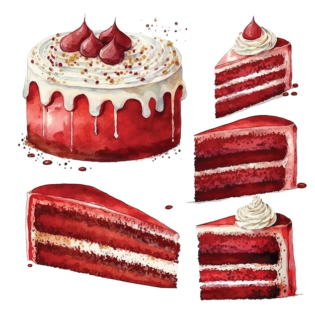 Set of Red velvet cake watercolor paint