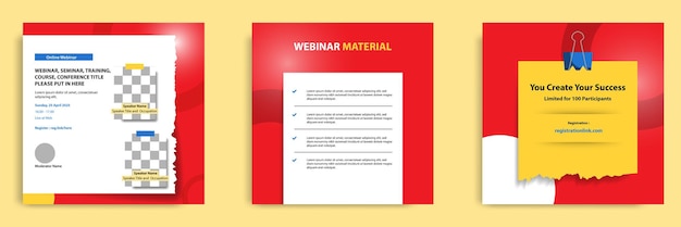 Set di webinar rosso, seminario, formazione, banner quadrato moderno del corso e modello di layout flayer