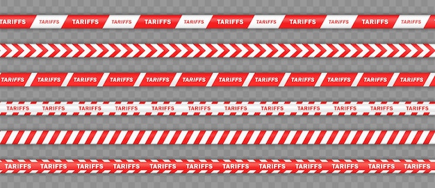 빨간색과 색의 경계선, 반복되는 TARIFFS 텍스트를 가진 장벽 테이프, 줄무 리본, 수입 수수료