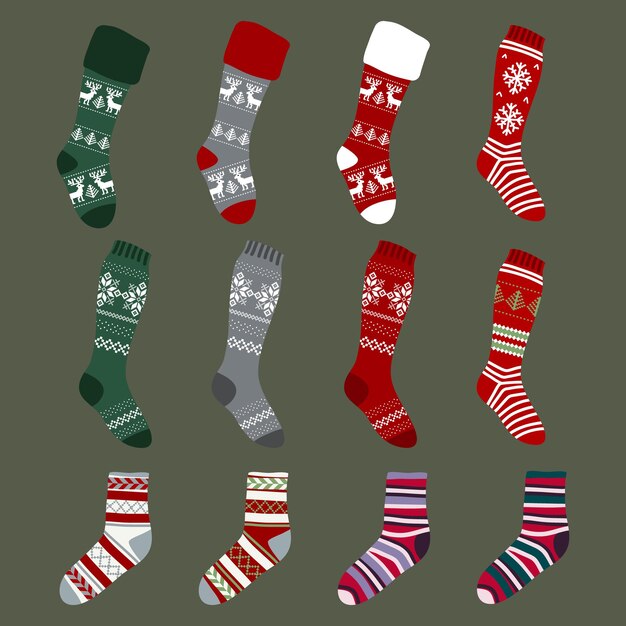 Set of red and white Christmas socks Vector illustration isolated