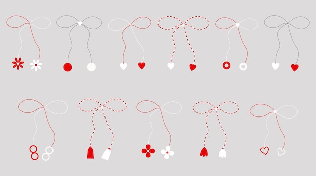 Set of red and white Martisor, isolated,  1 March, spring, march banner,  traditional, vector