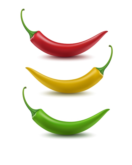 Set of Red Yellow Green Hot Chili Pepper  on White Background