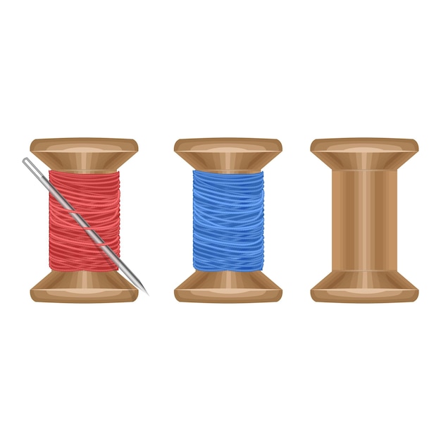 Vettore set di bobine con ago e fili rossi e blu, illustrazione vettoriale isolato su sfondo bianco