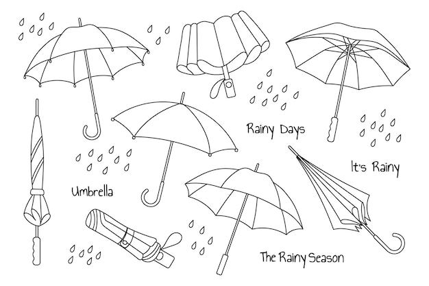 Set regenparaplu's, open en gesloten paraplu's Collectie seizoensaccessoires Schets lineair