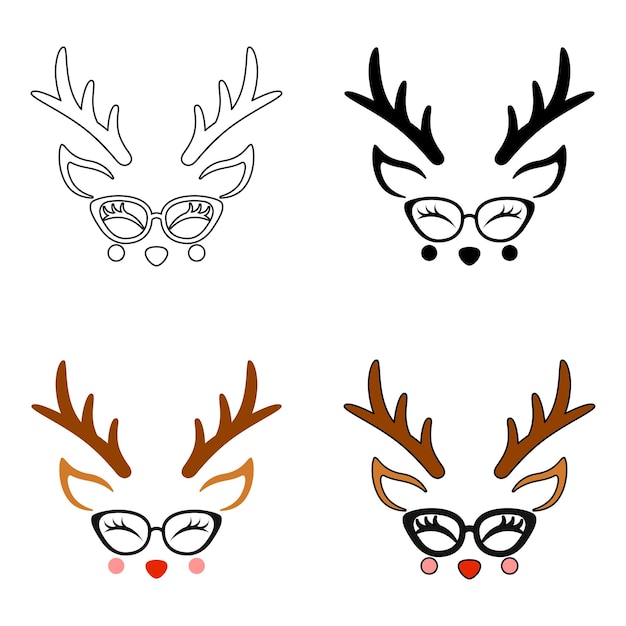 Set of reindeer face in flat style isolated