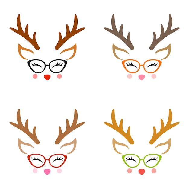 Vector set of reindeer face in flat style isolated