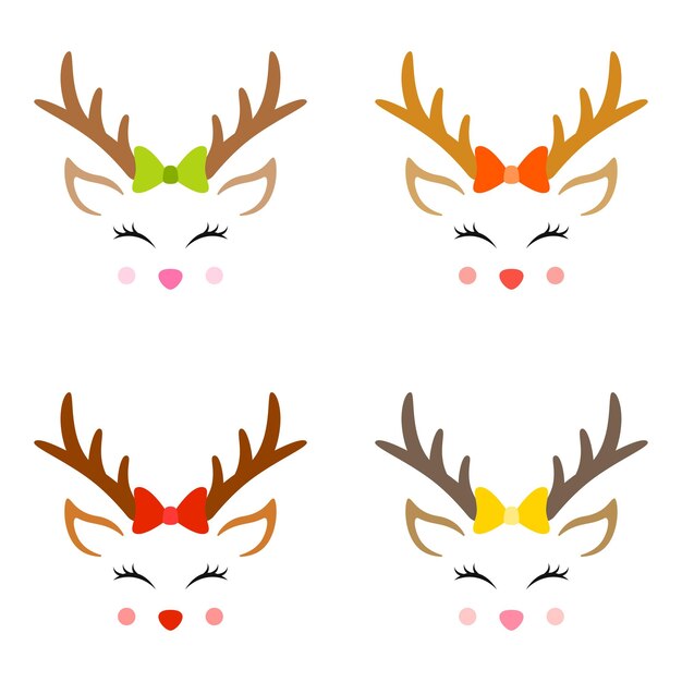 Vector set of reindeer face in flat style isolated