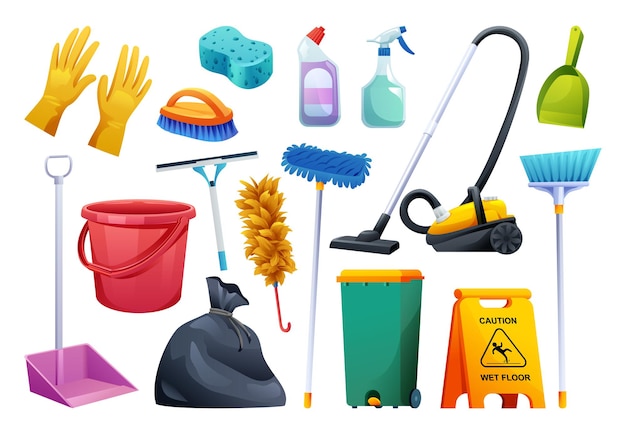 Set reinigingsapparatuur huishoudelijke schoonmaakservice tools vector illustratie