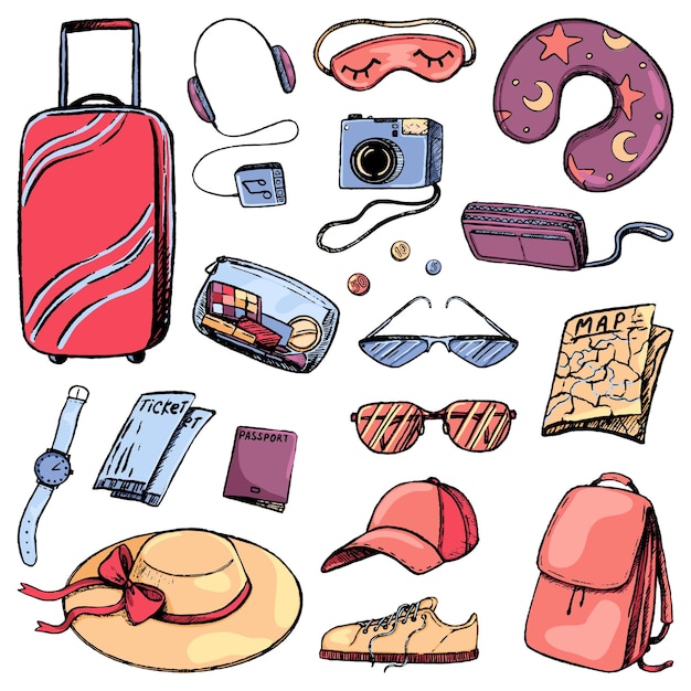 Set reisattributen, toeristische accessoires. Bagage voor de reis. Vakantie, reizen thema collectie in schets stijl. Hand getekend vectorillustratie. Gekleurde cartoon elementen geïsoleerd voor ontwerp.