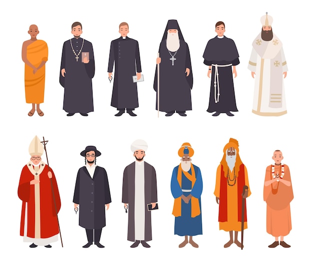 Set of religion people. different characters collection buddhist monk, christian priests, patriarchs, rabbi judaist, muslim mullah, sikh, hindu leader, krishnaite. colorful vector illustration.