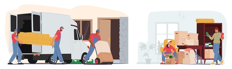 Vector set relocation and moving to new house concept workers wearing uniform carry boxes and furniture professional delivery company loader service people packing things cartoon vector illustration