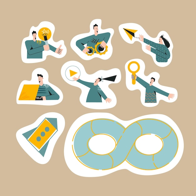 Set of remote developers devops team of programmers web developers designers collaborating on software project.  stiker of  flat vector character modern  illustration isolated on background