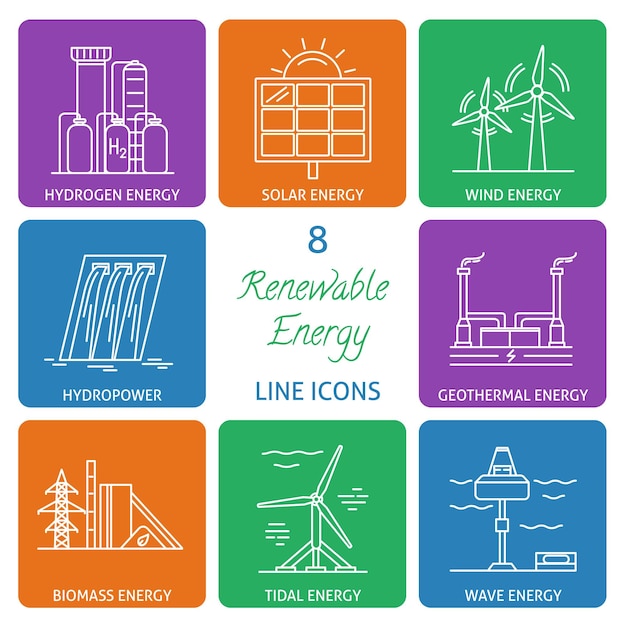 Set di icone della linea di energia rinnovabile