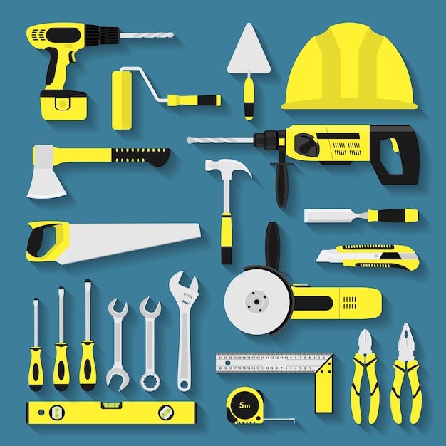 Set di icone di strumenti di riparazione e costruzione, illustrazione di stile