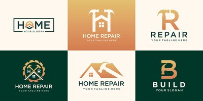 Set of repair house logo, creative home logo collection combined hammer element, abstract buildings.