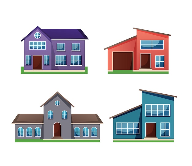 set of residential houses exterior flat style vector illustration