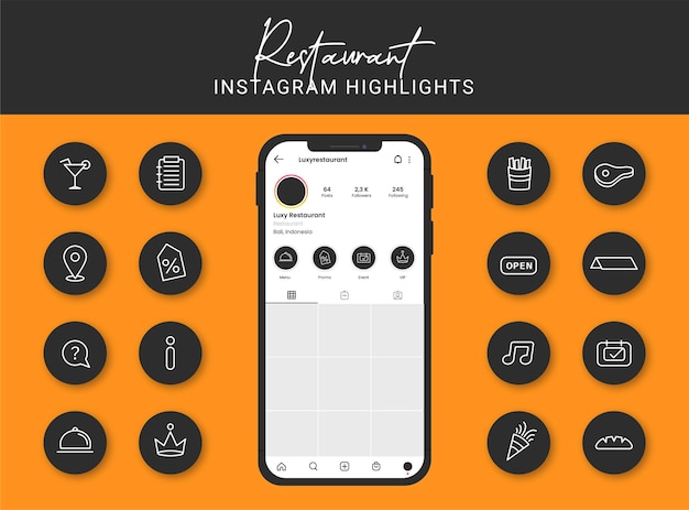 Vettore set di copertine di evidenziazione di instagram del ristorante