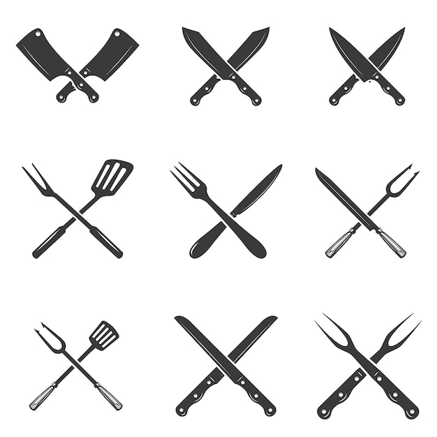 Vettore set di icone di coltelli ristorante. silhouette: coltelli da mannaia e da cuoco. modello di logo per affari di carne - negozio di agricoltori, mercato o - etichetta, adesivo.
