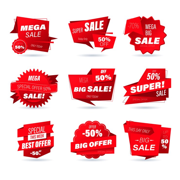 Vector set of retail sale badge. stickers online shopping origami style for social media ads and banners, website badges, marketing, labels and stickers for products promotion template. illustration.