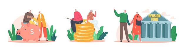 Vector set retirement savings senior male and female characters at pension fund building old man and woman put coin into piggy bank grandparents sitting on coin pile cartoon people vector illustration