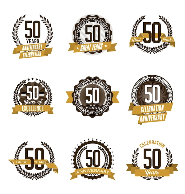 Set of retro 50th anniversary badge gold flat