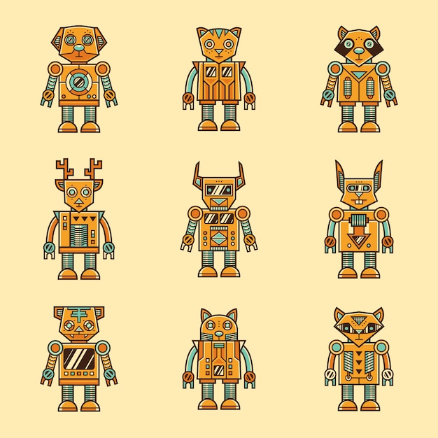 Set of retro animal robot character