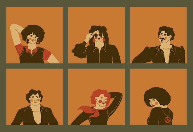 Set di avatar retrò ritratti maschili e femminili colori vintage illustrazione vettoriale per il design