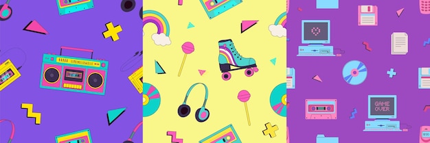 set of retro cartoon 90s y2k gadgets seamless pattern nostalgia 1990s vintage music old technologies background