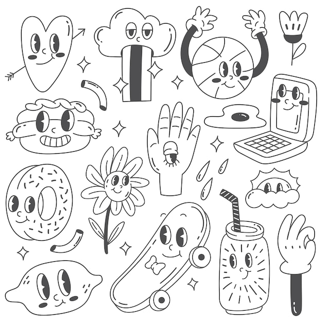 Set of Retro Cartoon Character Doodle Line Art