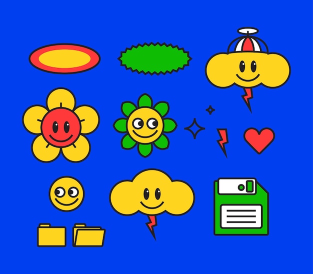 Set of retro cartoon emoticon and old school element