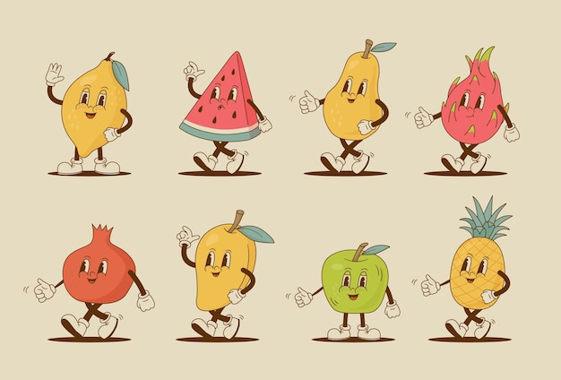 Набор фруктовых персонажей ретро мультфильмов Лимон арбуз ананас груша яблоко манго питая талисман