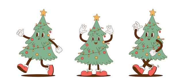 복고풍 만화 재미있는 크리스마스 트리 문자 마스코트 벡터 그림 향수 60년대 70년대 세트