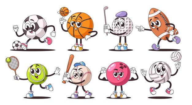 Vector set of retro cartoon sports balls characters featuring fun animated faces and playful expressions