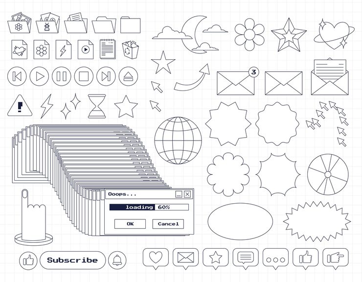 Vector 레트로 컴퓨터 ui 향수 요소 및 스티커 세트 윤곽선이 있는 오래된 pc 90s 사용자 인터페이스 아이콘 고정 창 로드 버튼 폴더 화살표 윤곽선 y2k 아이콘 벡터 그림