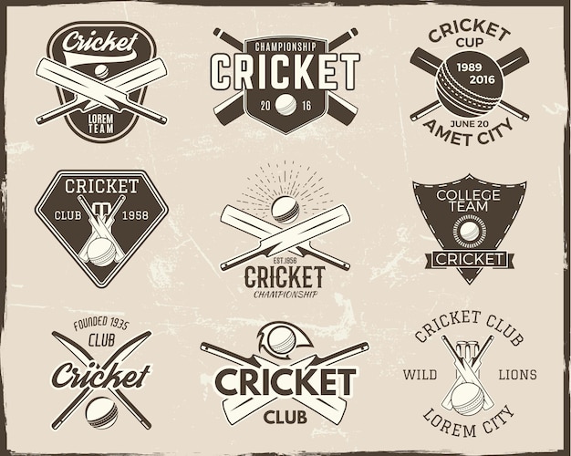 Set of retro cricket sports template logo designs. use as icons, badges, label, emblems or print. vector illustration sport championship. isolated on scratched background.