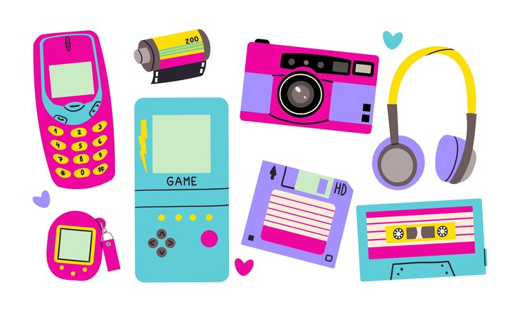 Vector set of retro devices in flat style hand drawn illustration tape recorder cassette floppy disk film music box game console vector illustration nostalgia for 90s
