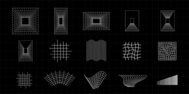 Vector set of retro futuristic design elements grid gravity visualization wavy lines in cyberpunk 80s style