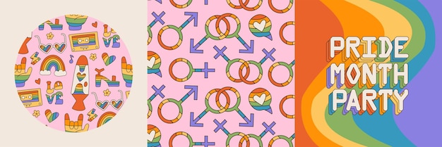 Set of retro greeting cards for lgbtqia pride month and pattern background social media post in groo