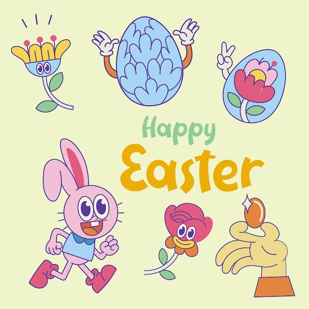 Vector set retro groovy easter egg characters in trendy cartoon 60s and a70s styleclassic cartoon style
