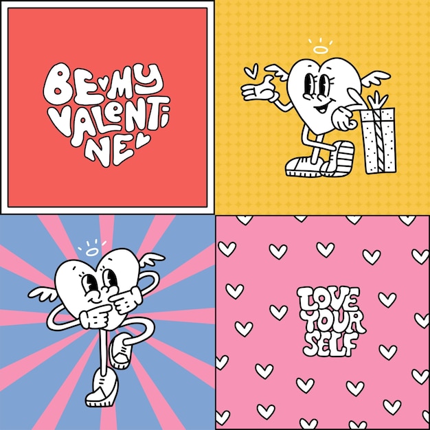 Set of retro groovy square posters with heart characters and abstract background lettering quotes ha