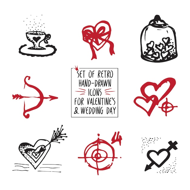Set of retro handdrawn icon for valentines and wedding day
