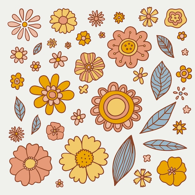 Set retro hip bloemen. collectie van verschillende bloemen in een hippie-stijl. vector boho